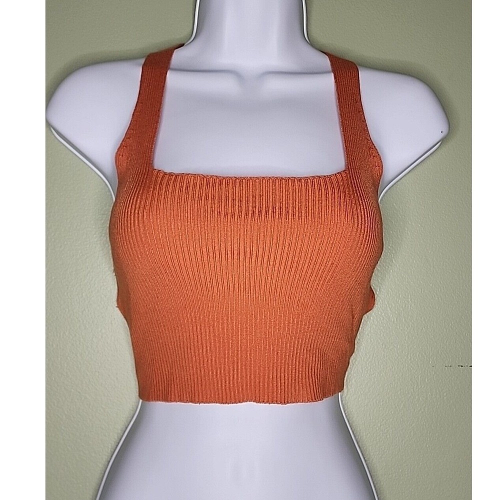 Dreamers by Debut Crop Tank Top Small Rust Orange Strappy Open Back Knit Y2K 90s